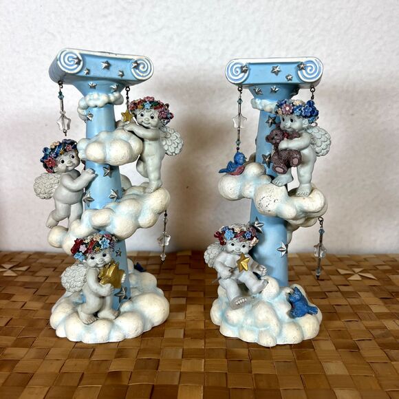 DREAMSICLES 7”Cherubs Candlesticks X2 BY DANBURY MINT Baby Blue w/ Stars Clouds - Picture 2 of 16